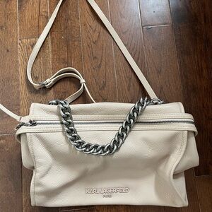 Karl Lagerfeld Cream Pebbled Leather Shoulder Bag with Silver Chain